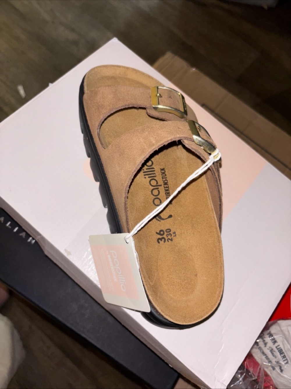 Papillio Two-Buckle Suede Slide in Tan